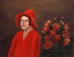 Blue-Red-Yellow, the palette of the modern Primitives - Portrait de femme en rouge aux fleurs