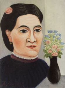 Blue-Red-Yellow, the palette of the modern Primitives - Portrait de femme au bouquet de fleurs